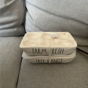 Rae Dunn Farm Fresh / Free Range Ceramic Egg Holder Set - White.